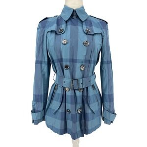 Burberry Brit Blue  Check Double Breasted Belted Trench Coat Jacket